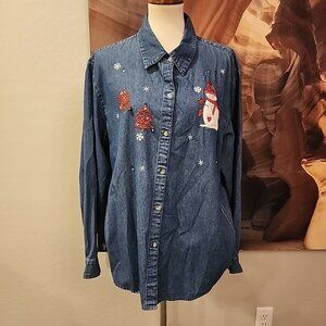 Collections ETC Denim Chambray Holiday Christmas Shirt Button Up Womens XL VNTG